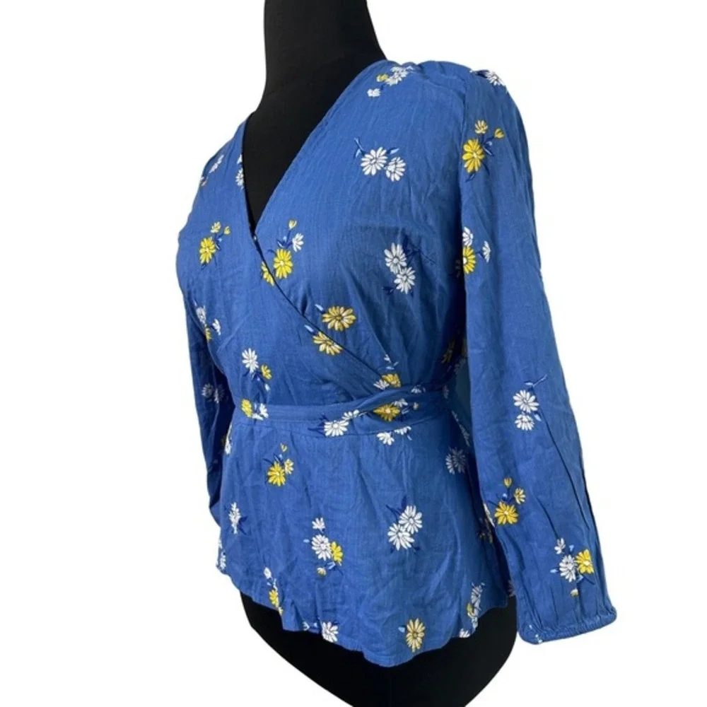Old Navy Women Large Blue Floral Daisy Wrap Top V-Neck Long Sleeve Blouse NEW